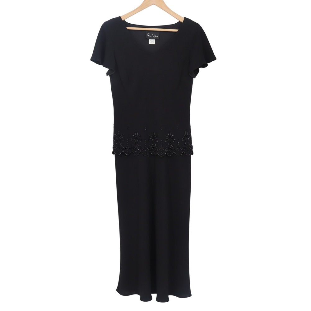 S.L. Fashions Dress Women's 10 Black Beaded Scalloped Trim Maxi Excellent
